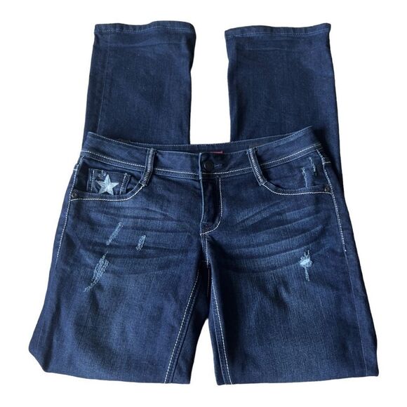 People’s Liberation Juniors Dark Wash Low Rise Distressed Slim Bootcut Jeans - Picture 1 of 10
